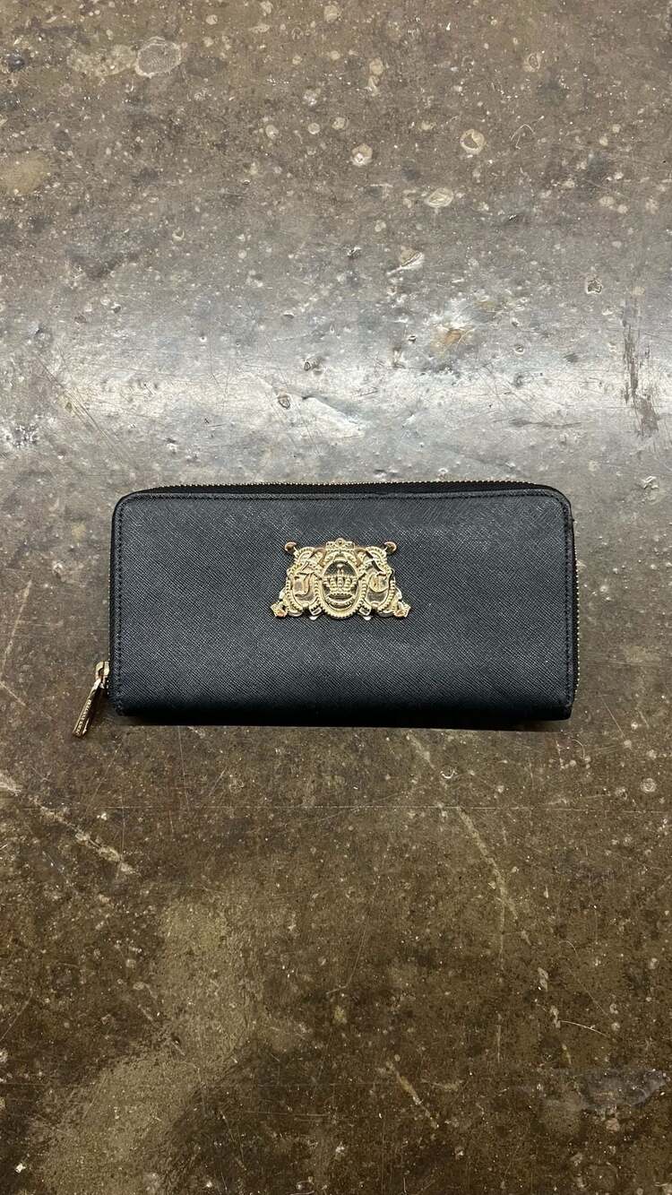 Juicy Couture Black Saffiano Zip Wallet with Crest Emblem and Leopard Lining